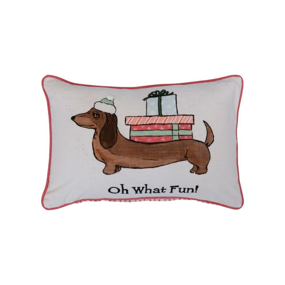 Creative Co-op Cotton Lumbar Pillow w/ Dog in Hat & Patterned Back, 16" x 20"